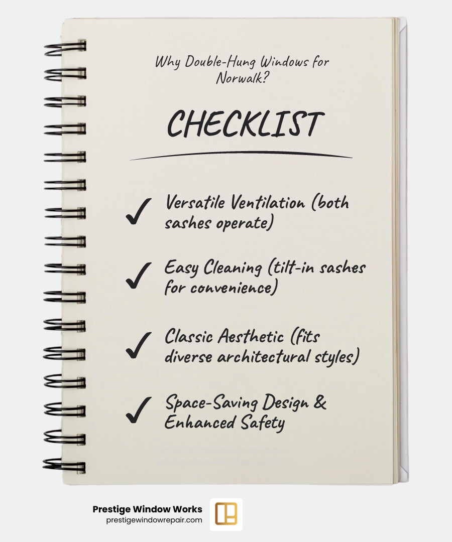 Table comparing Double-Hung windows to other common window types on ventilation, cleaning, and architectural style suitability - double hung windows norwalk ct infographic checklist-notebook