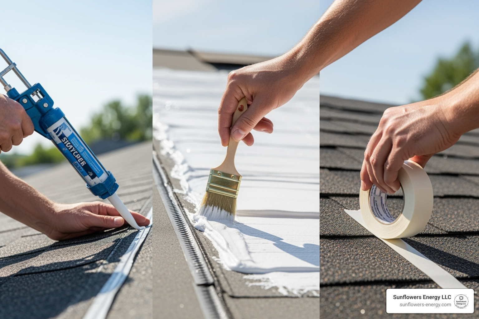 Image showing different application methods: a hand holding a caulk gun applying sealant, a brush spreading liquid sealant, and a hand applying a roll of adhesive tape to a roof surface. - best wet roof patch
