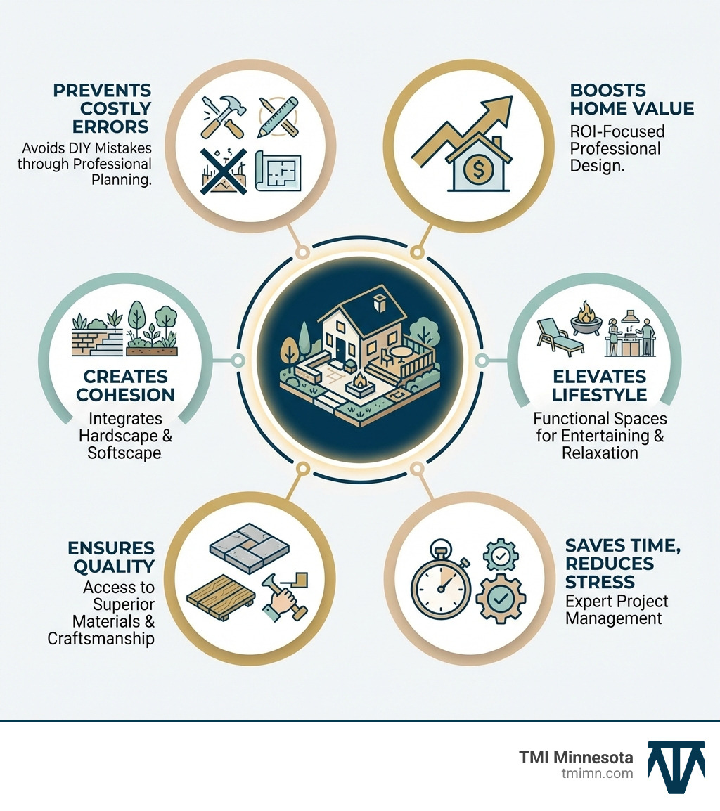 Infographic showing the benefits of hiring outdoor living specialists: increased home value through professional ROI-focused design, enhanced lifestyle with functional entertaining and relaxation spaces, expert project management saving time and reducing stress, access to quality materials and craftsmanship, cohesive design integrating hardscape and softscape elements, and avoidance of costly DIY mistakes through professional planning - Outdoor living specialists infographic Infographic showing the benefits of hiring outdoor living specialists: increased home value through professional ROI-focused design, enhanced lifestyle with functional entertaining and relaxation spaces, expert project management saving time and reducing stress, access to quality materials and craftsmanship, cohesive design integrating hardscape and softscape elements, and avoidance of costly DIY mistakes through professional planning - Outdoor living specialists infographic
