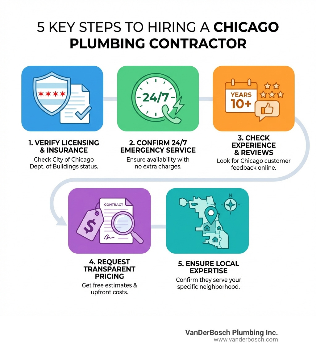 Infographic showing 5 key steps to hiring a plumbing contractor in Chicago: 1) Verify City of Chicago licensing and insurance status, 2) Confirm 24/7 emergency service availability with no extra charges, 3) Check years of experience and online reviews from Chicago customers, 4) Request transparent upfront pricing and free estimates, 5) Ensure they serve your specific Chicago neighborhood with local expertise - Chicago plumbing contractor infographic 