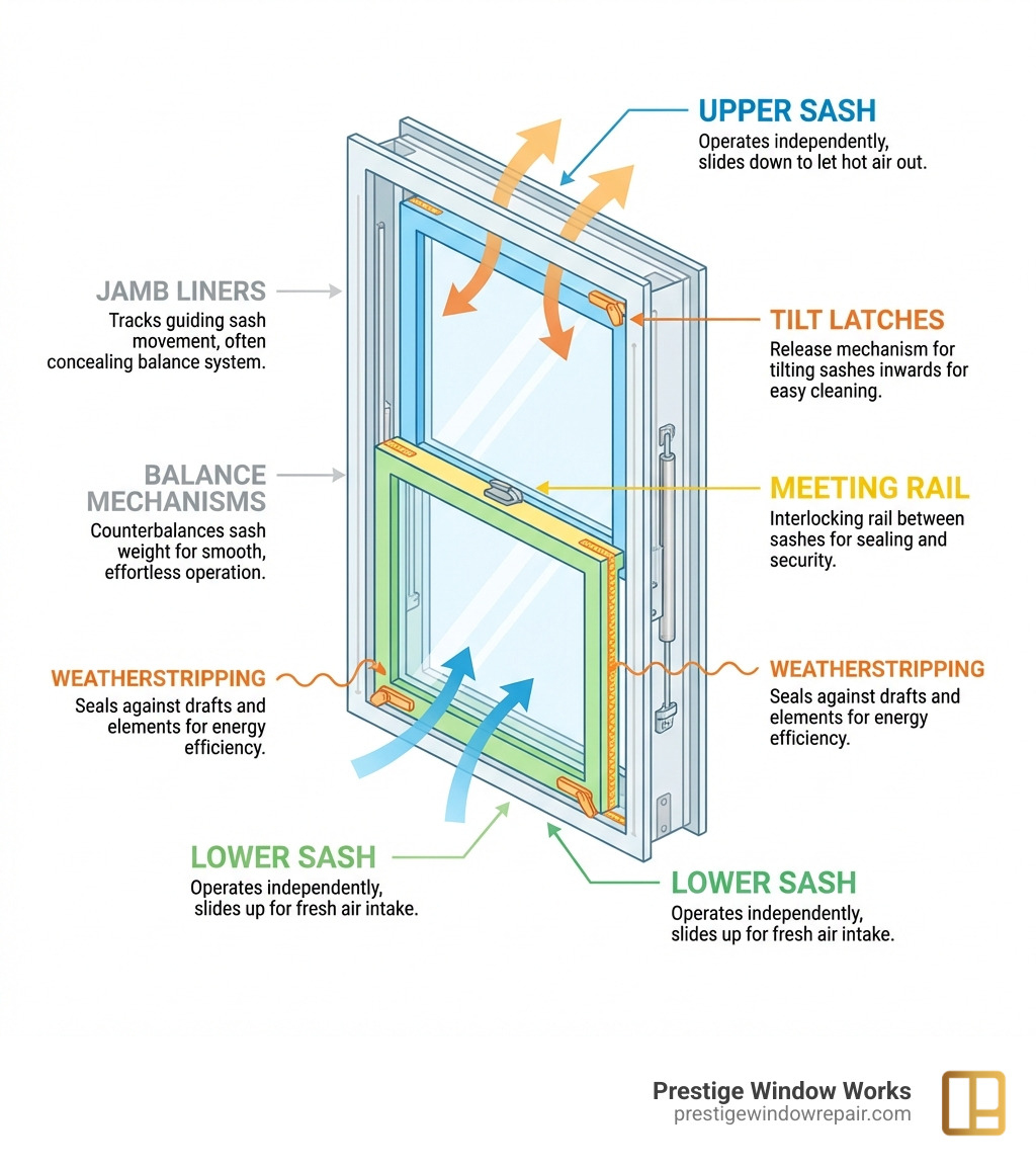 Infographic showing the anatomy of a double-hung window with labeled parts including upper sash, lower sash, meeting rail, jamb liners, tilt latches, weatherstripping, and balance mechanisms, demonstrating how both sashes operate independently for customizable ventilation - double hung windows norwalk ct infographic 