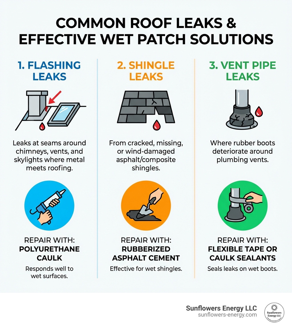 Infographic showing the three most common types of roof leaks: 1) Flashing leaks around chimneys, vents, and skylights where metal meets roofing material, 2) Shingle leaks from cracked, missing, or wind-damaged asphalt or composite shingles, 3) Vent pipe leaks where rubber boots deteriorate around plumbing vents. Each leak type is illustrated with where wet patches are most effective: flashing leaks respond well to polyurethane caulk, shingle leaks to rubberized asphalt cement, and vent leaks to flexible tape or caulk sealants. - best wet roof patch infographic 