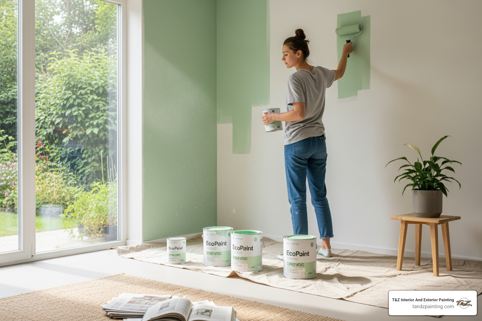 person examining certification logos on a paint can - Eco-friendly interior paint