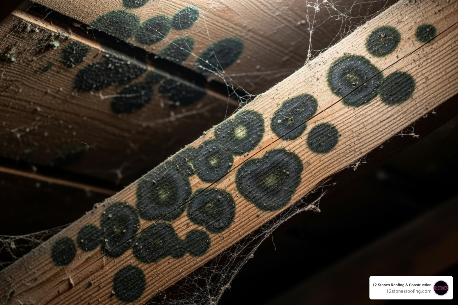 dark mold spots on attic sheathing near a rafter - how to find and fix a roof leak