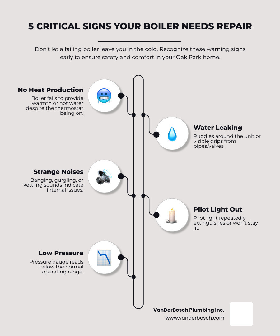 infographic showing 5 critical signs your boiler needs repair: 1. No heat production when thermostat is on, 2. Water leaking from boiler unit or pipes, 3. Strange noises like banging or kettling sounds, 4. Pilot light repeatedly goes out, 5. Low pressure gauge reading below normal range - Boiler repair Oak Park infographic infographic-line-5-steps-elegant_beige