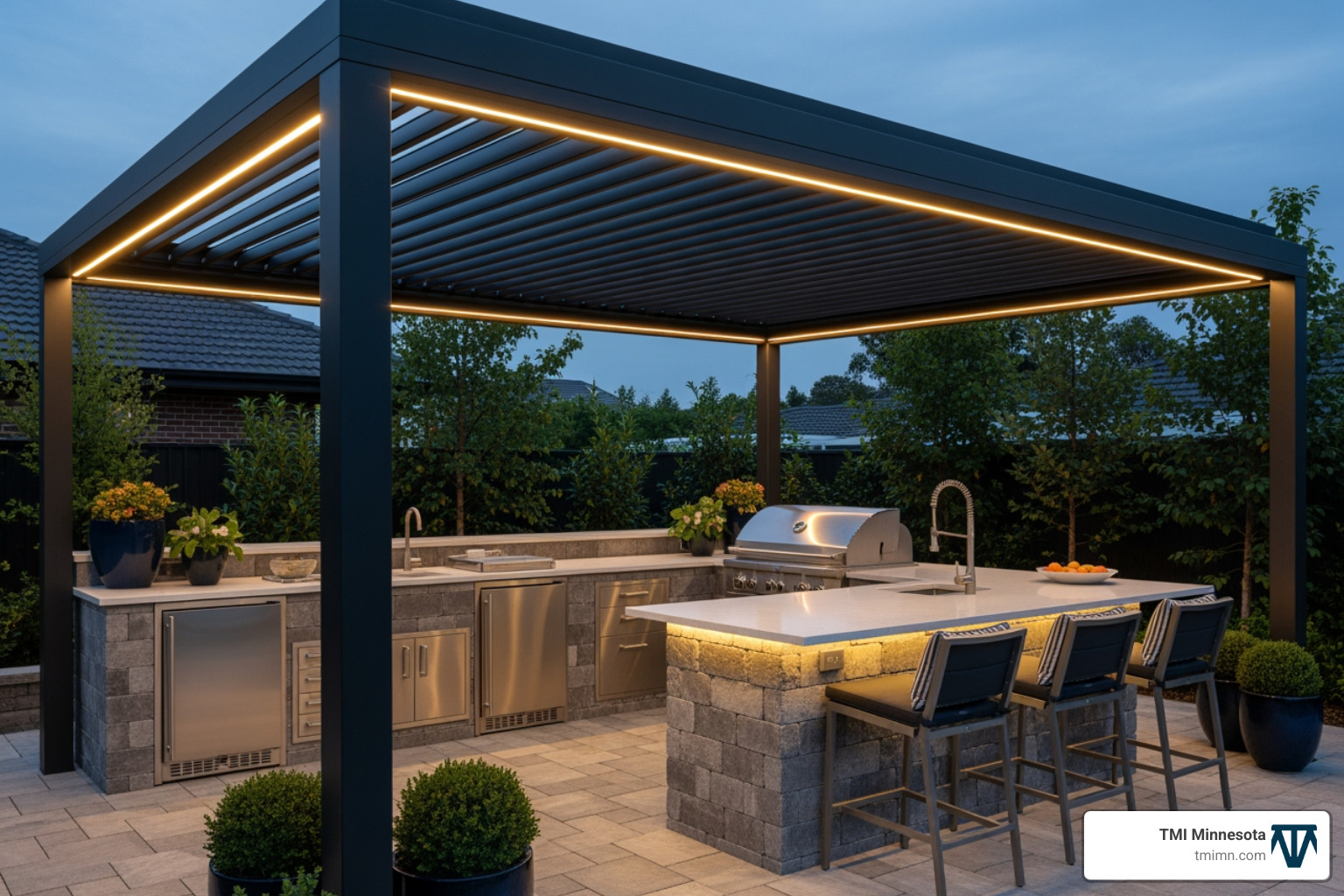modern outdoor kitchen with louvered pergola and integrated smart lighting - Outdoor living specialists modern outdoor kitchen with louvered pergola and integrated smart lighting - Outdoor living specialists