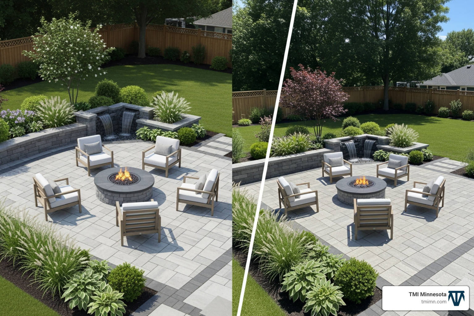 3D landscape design rendering next to a photo of the completed project - Outdoor living specialists 3D landscape design rendering next to a photo of the completed project - Outdoor living specialists