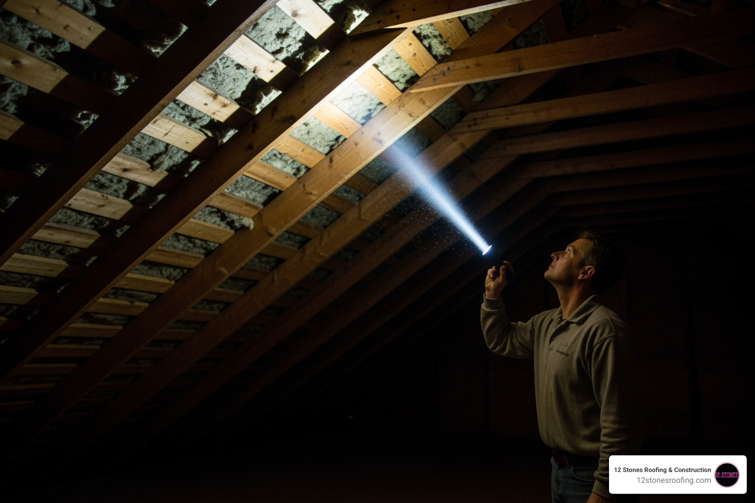 person in an attic shining a flashlight on the underside of the roof deck - how to find and fix a roof leak