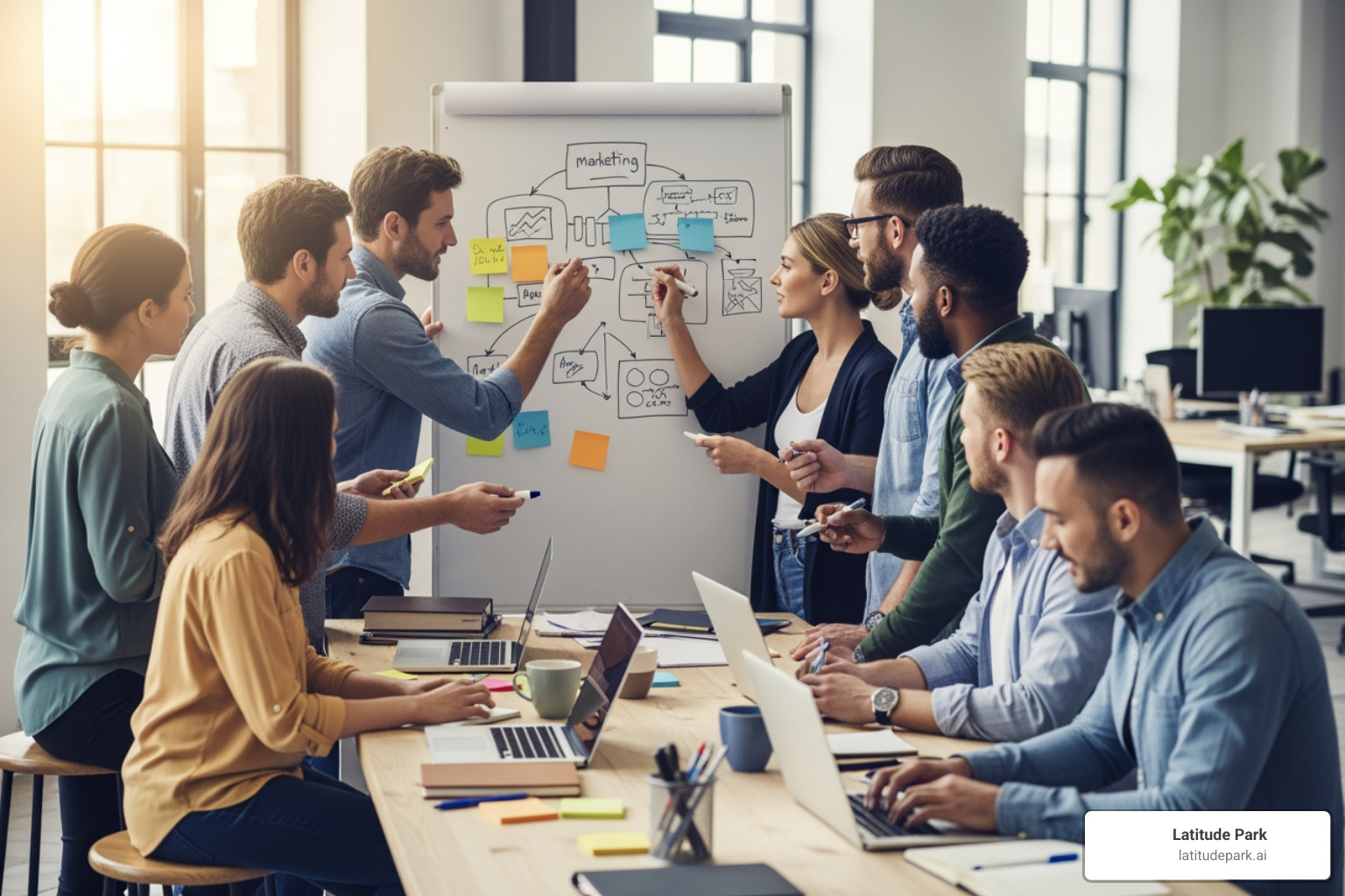 Image of a team of diverse individuals collaborating around a large whiteboard, drawing flowcharts and diagrams for a franchise marketing strategy, with sticky notes and laptops, showing a brainstorming session - franchise lead generation marketing agency Image of a team of diverse individuals collaborating around a large whiteboard, drawing flowcharts and diagrams for a franchise marketing strategy, with sticky notes and laptops, showing a brainstorming session - franchise lead generation marketing agency