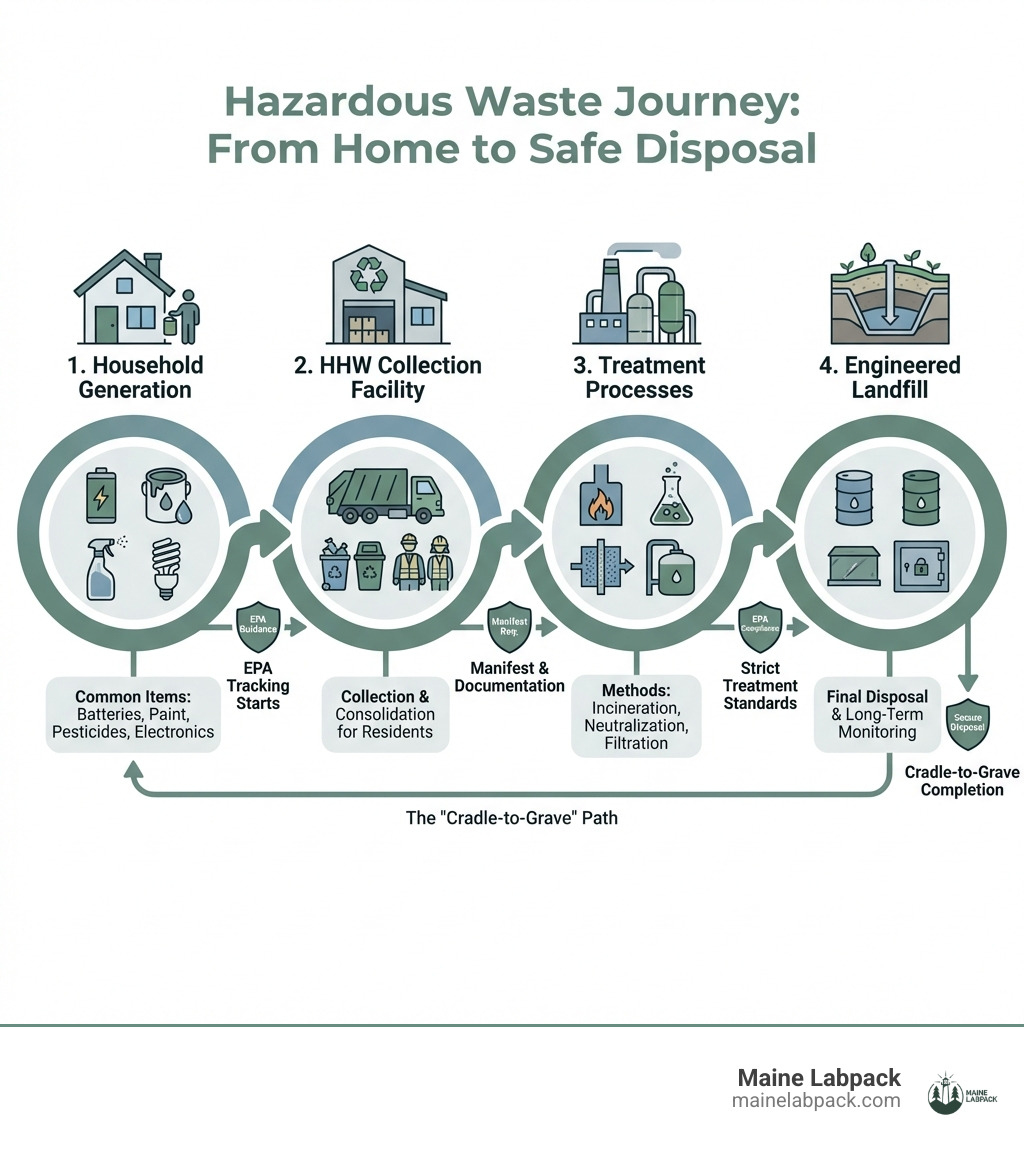 Infographic showing the journey of hazardous waste from household generation through collection at an HHW facility, treatment processes, and final disposal at an engineered landfill, with icons representing each stage and labels for key regulatory checkpoints - hazardous waste facility infographic Infographic showing the journey of hazardous waste from household generation through collection at an HHW facility, treatment processes, and final disposal at an engineered landfill, with icons representing each stage and labels for key regulatory checkpoints - hazardous waste facility infographic