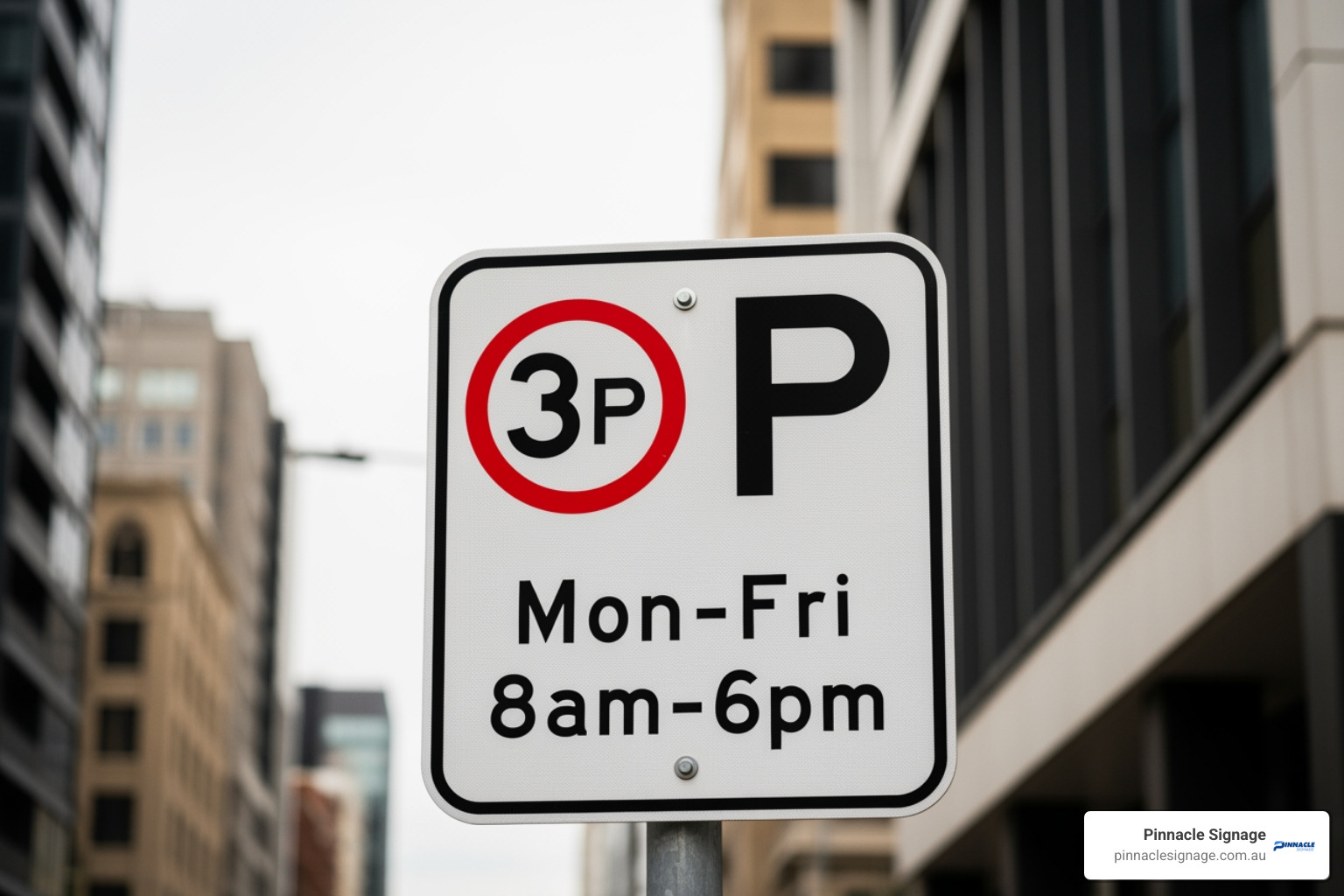 A standard Australian 3P parking sign with black text on white background and a red circle, showing "3P" and possibly times/days - 3 hour parking sign