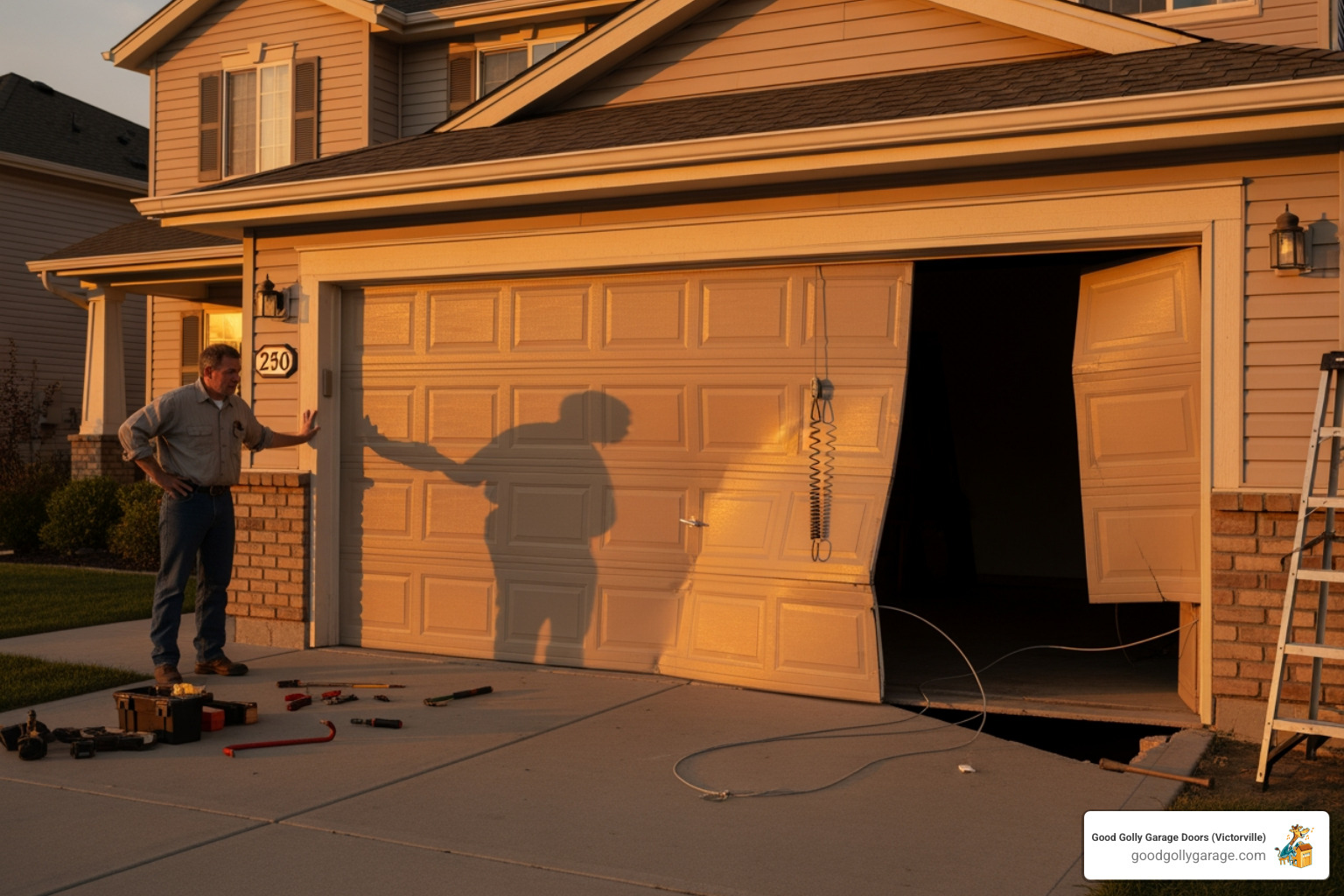 Infographic showing the 5 most common garage door emergencies: broken torsion springs with a loud bang, door stuck halfway open creating security risk, snapped cables causing crooked door, garage door opener failure leaving door unresponsive, and door off track from impact or worn rollers, along with immediate action steps for each scenario - Emergency Broken Garage Door in Spring Valley Lake CA Infographic showing the 5 most common garage door emergencies: broken torsion springs with a loud bang, door stuck halfway open creating security risk, snapped cables causing crooked door, garage door opener failure leaving door unresponsive, and door off track from impact or worn rollers, along with immediate action steps for each scenario - Emergency Broken Garage Door in Spring Valley Lake CA