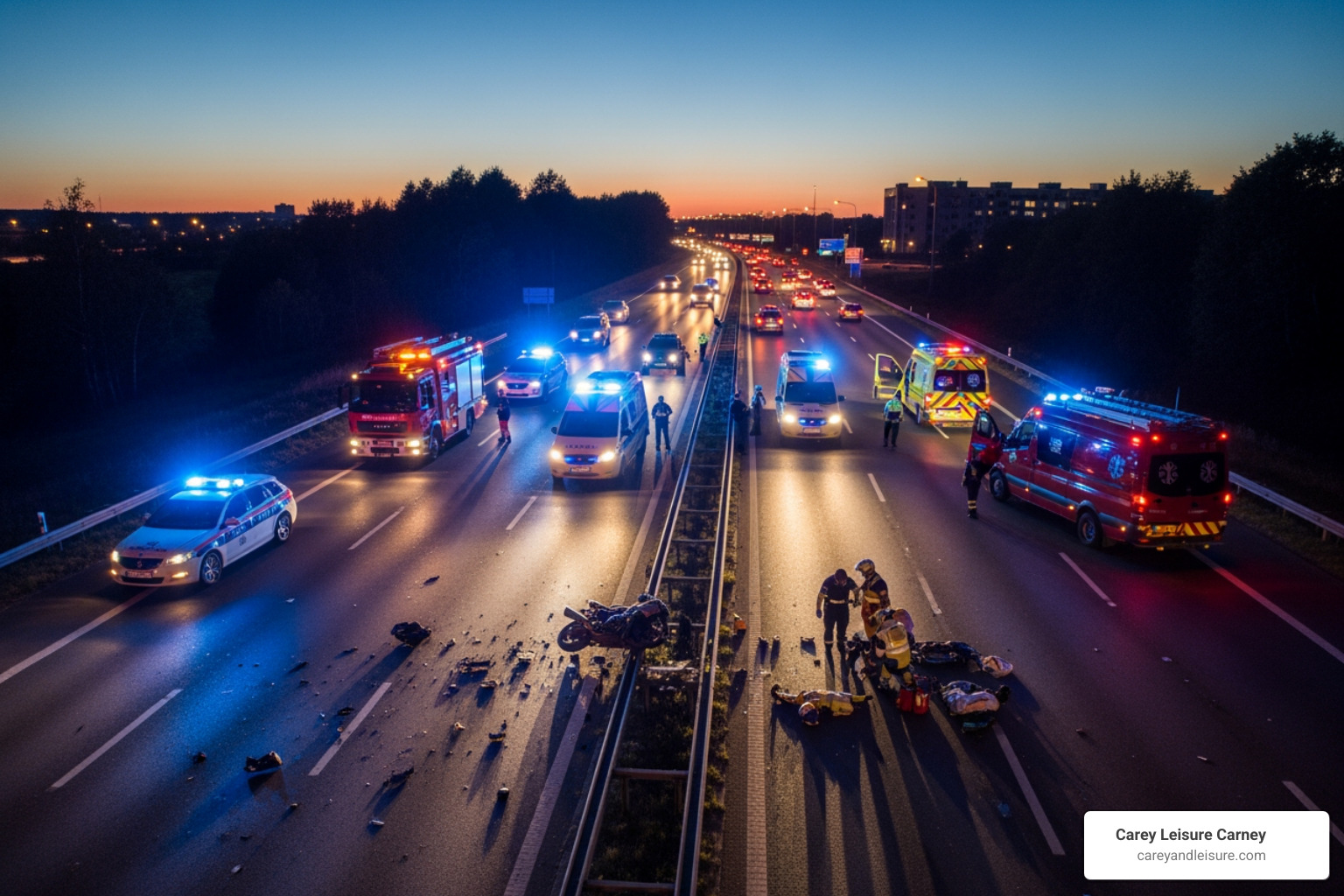 motorcycle accident scene with emergency responders - Motorcycle crash attorney