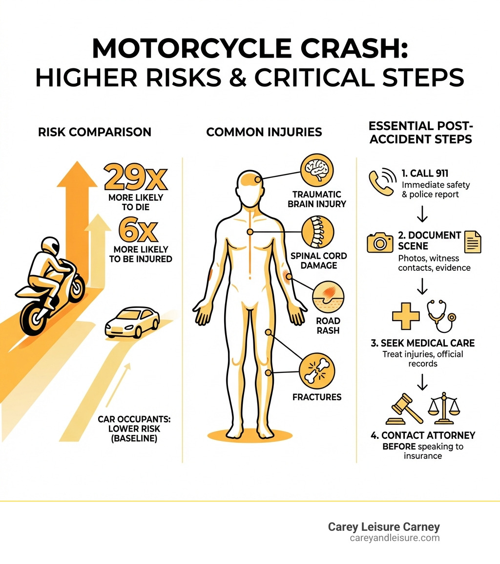 infographic showing motorcyclists are 29x more likely to die and 6x more likely to be injured in crashes compared to car occupants, with breakdown of common injuries (traumatic brain injury, spinal cord damage, road rash, fractures) and essential post-accident steps (call 911, document scene, seek medical care, contact attorney before speaking to insurance) - Motorcycle crash attorney infographic 