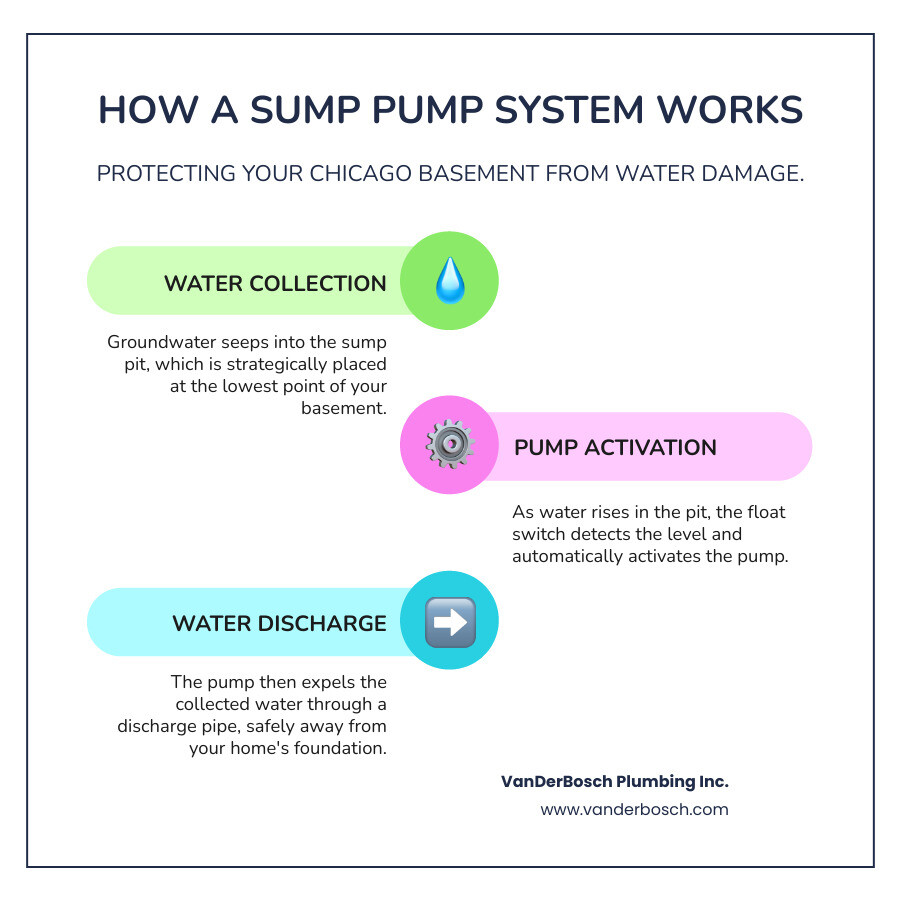 infographic showing how a sump pump system works in a Chicago basement, including the sump pit collecting water from beneath the foundation, the float switch activating the pump when water rises, and the discharge pipe directing water away from the home - sump pump chicago infographic infographic-line-3-steps-colors