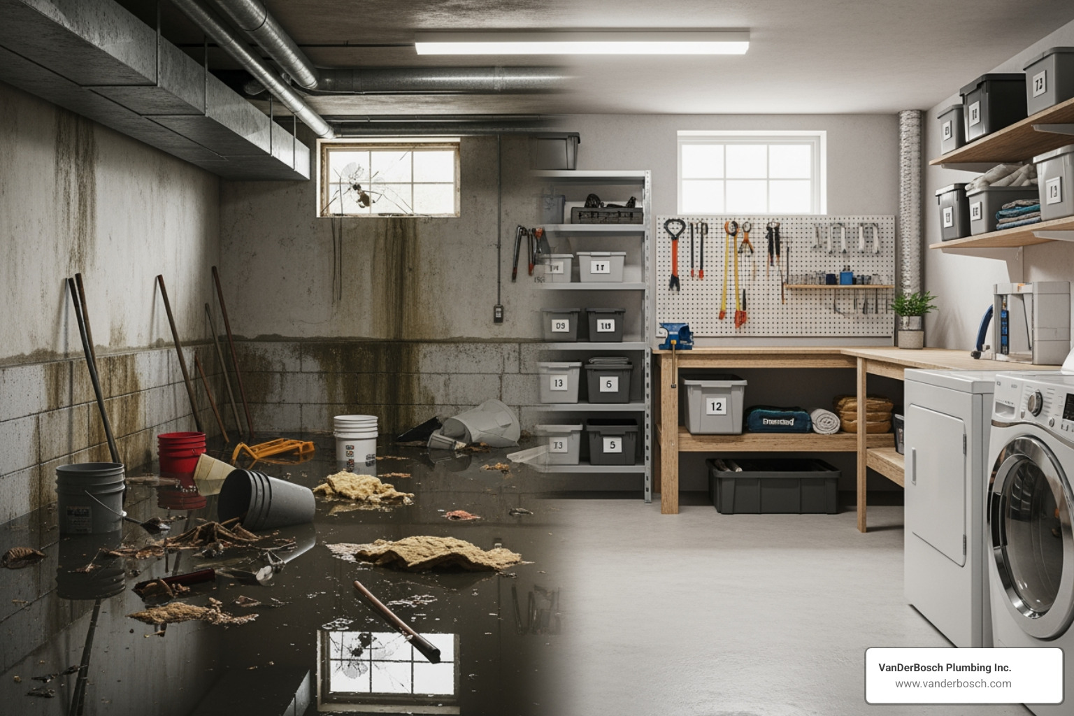 water-damaged basement vs dry basement - sump pump chicago