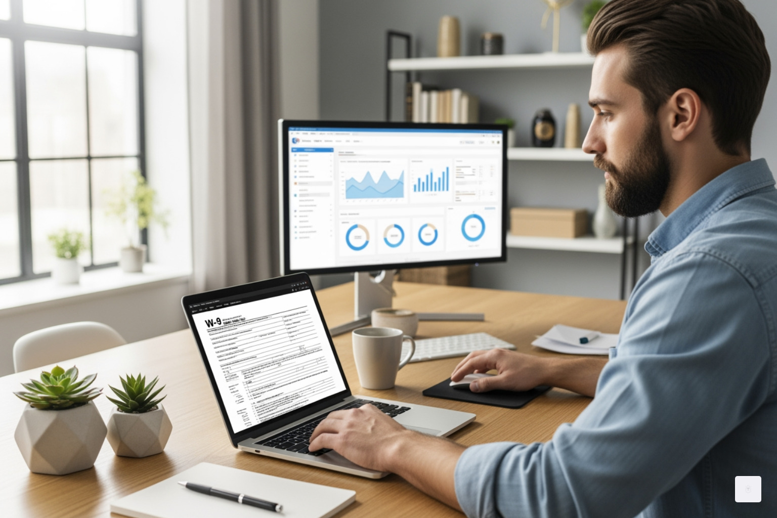 freelancer confidently using a laptop to fill out a W-9 form; digital workspace; tax compliance; independent contractor; - Free online W9 filler