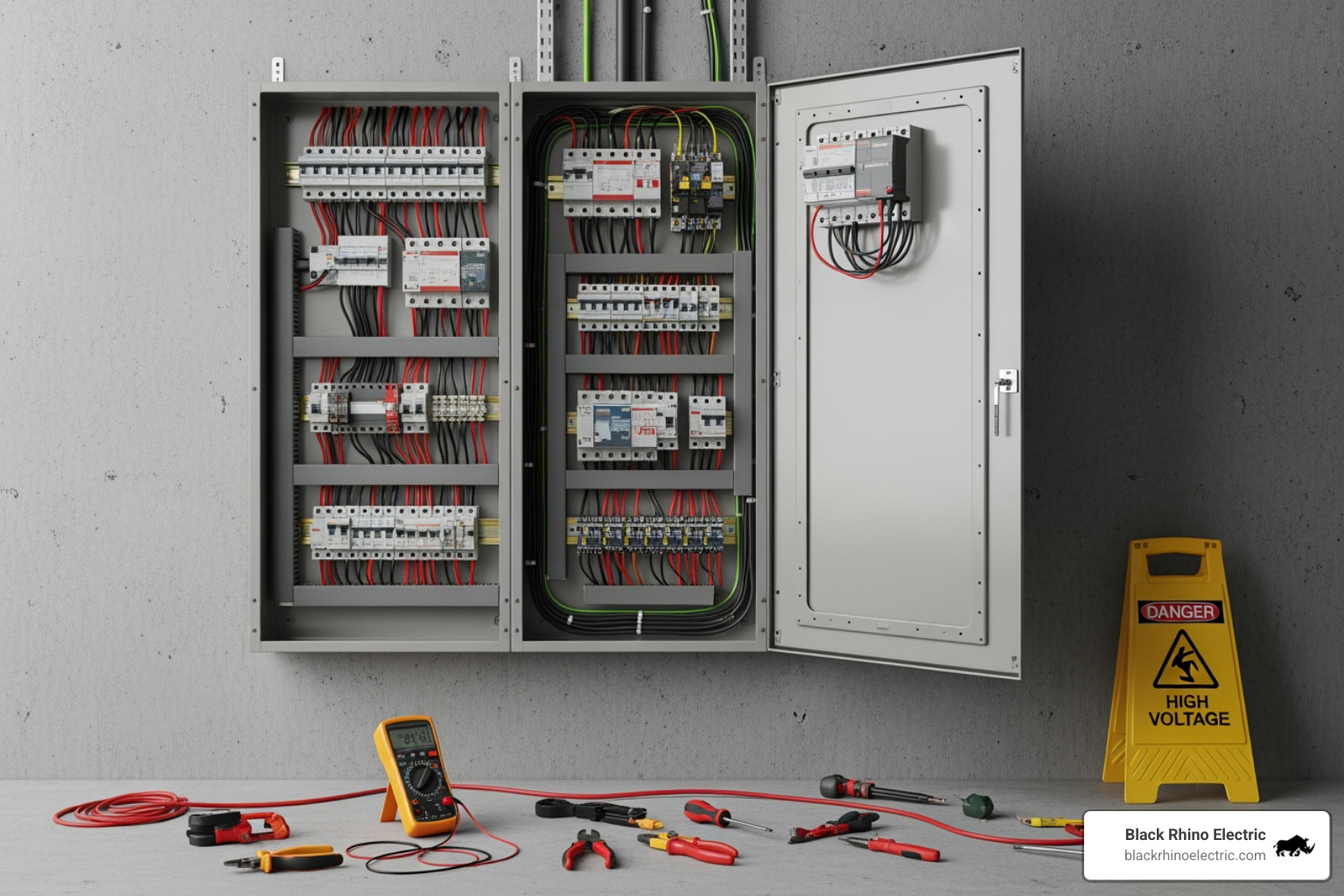 a licensed Black Rhino Electric electrician working on a commercial panel - Commercial electrical Salt Lake City