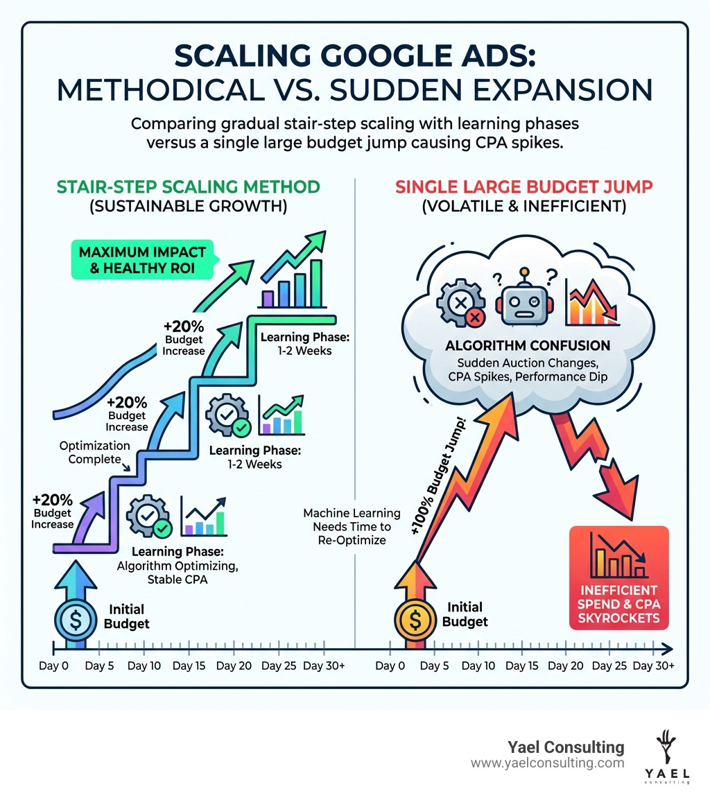 Infographic comparing stair-step scaling method showing gradual 20% budget increases with learning phases versus a single large budget jump that causes CPA spikes and algorithm confusion - Scaling Google Ads infographic Infographic comparing stair-step scaling method showing gradual 20% budget increases with learning phases versus a single large budget jump that causes CPA spikes and algorithm confusion - Scaling Google Ads infographic