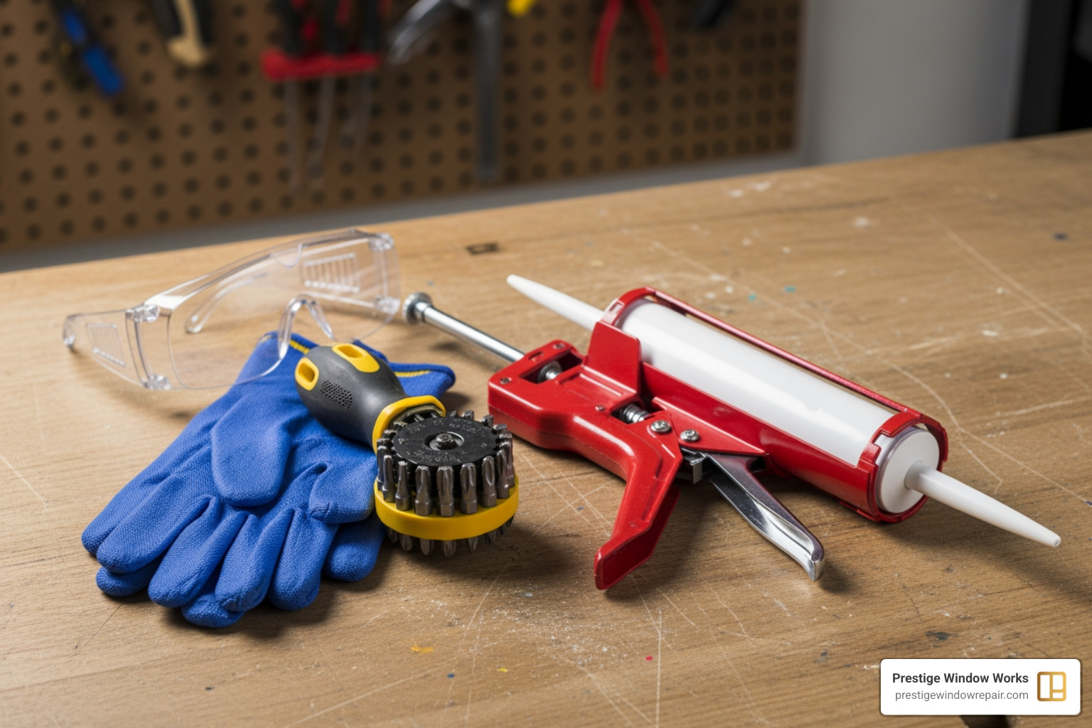 homeowner's toolkit with safety glasses, gloves, screwdriver, and caulk gun - awning window repair
