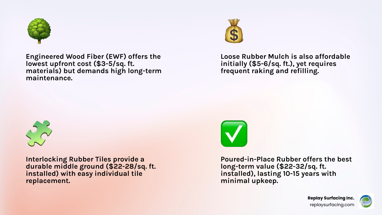 Infographic showing cost comparison of playground flooring options including upfront costs, maintenance requirements, lifespan, and total cost of ownership for engineered wood fiber, rubber mulch, interlocking rubber tiles, and poured-in-place rubber - affordable playground flooring in Charlotte infographic 4_facts_emoji_light-gradient