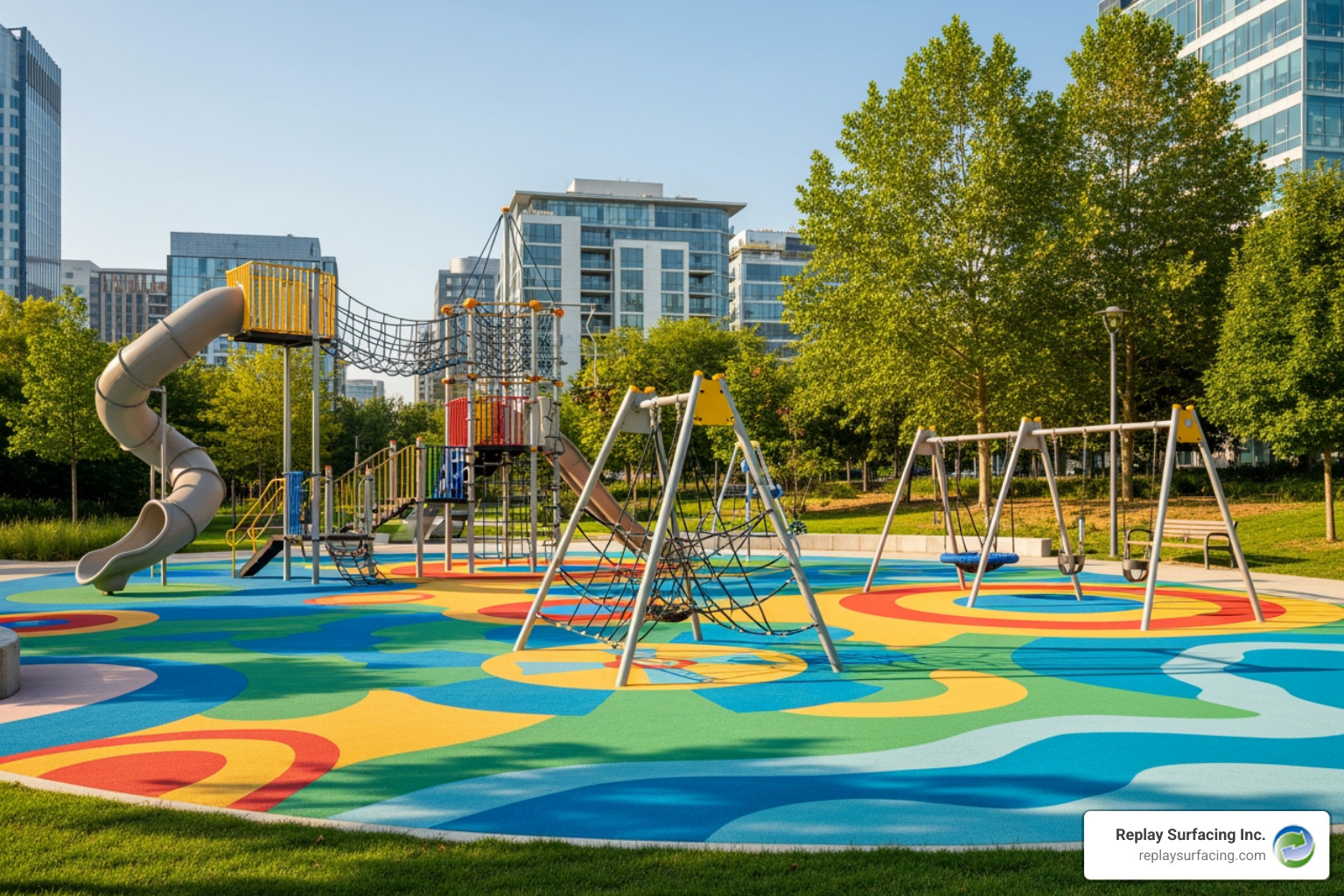 playground with a custom-designed, poured-in-place rubber surface - affordable playground flooring