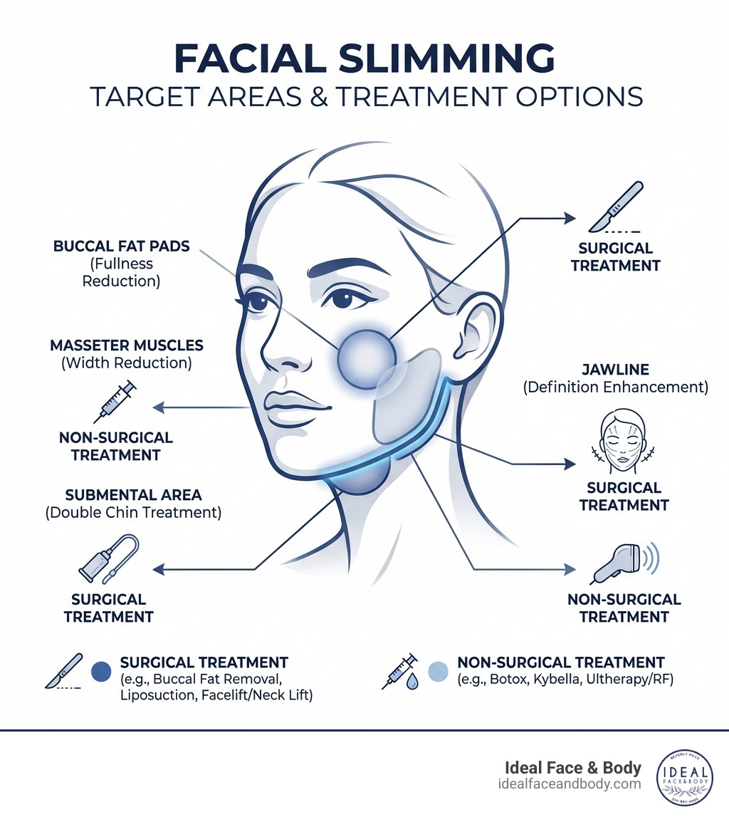 Infographic showing facial slimming target areas: buccal fat pads in mid-cheeks for fullness reduction, masseter muscles along the jaw for width reduction, submental area under the chin for double chin treatment, and jawline for definition enhancement, with labels indicating surgical vs non-surgical treatment options for each zone - facial slimming surgery infographic Infographic showing facial slimming target areas: buccal fat pads in mid-cheeks for fullness reduction, masseter muscles along the jaw for width reduction, submental area under the chin for double chin treatment, and jawline for definition enhancement, with labels indicating surgical vs non-surgical treatment options for each zone - facial slimming surgery infographic
