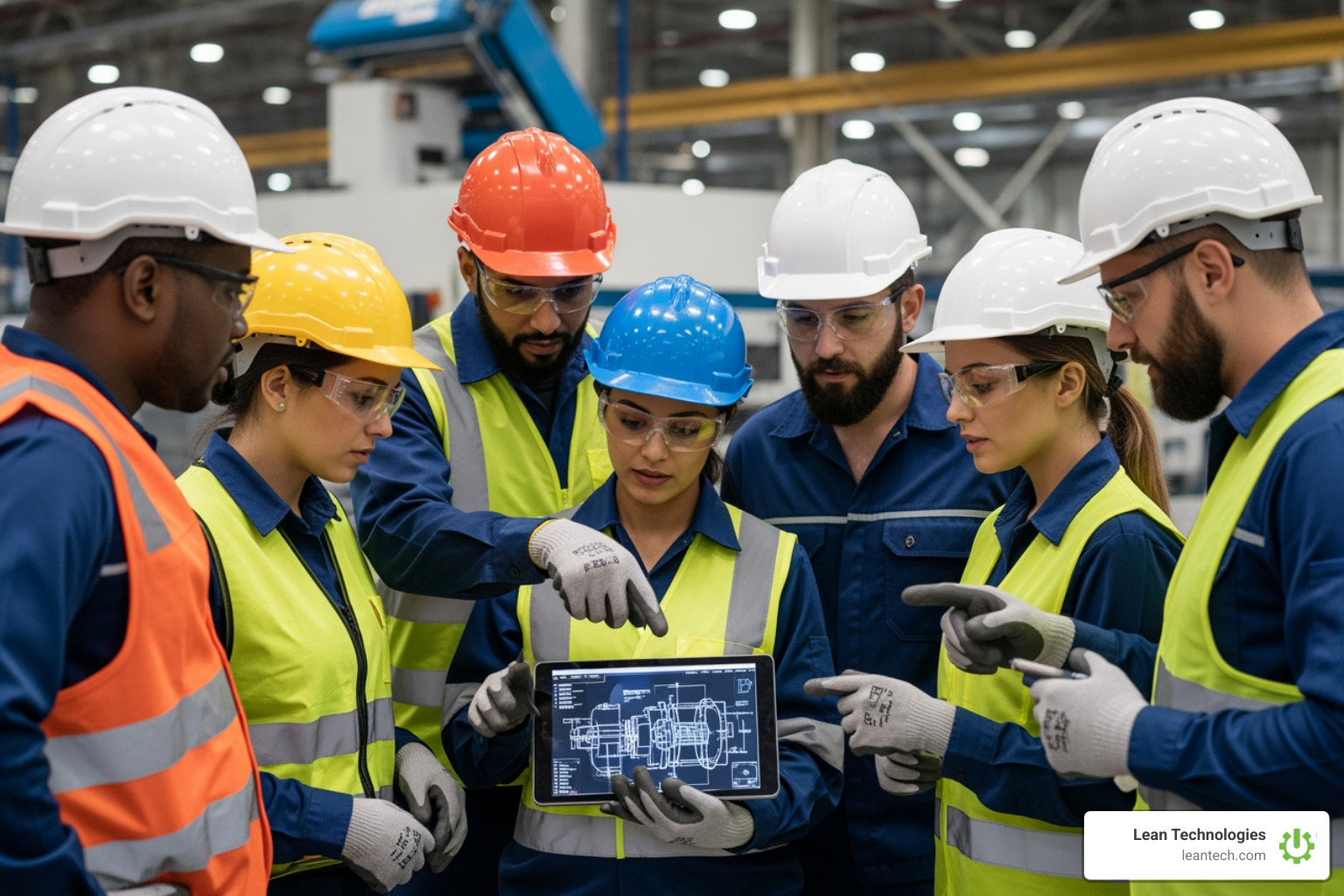 diverse shop floor team in a huddle, pointing at a tablet - continuous improvement and kaizen diverse shop floor team in a huddle, pointing at a tablet - continuous improvement and kaizen