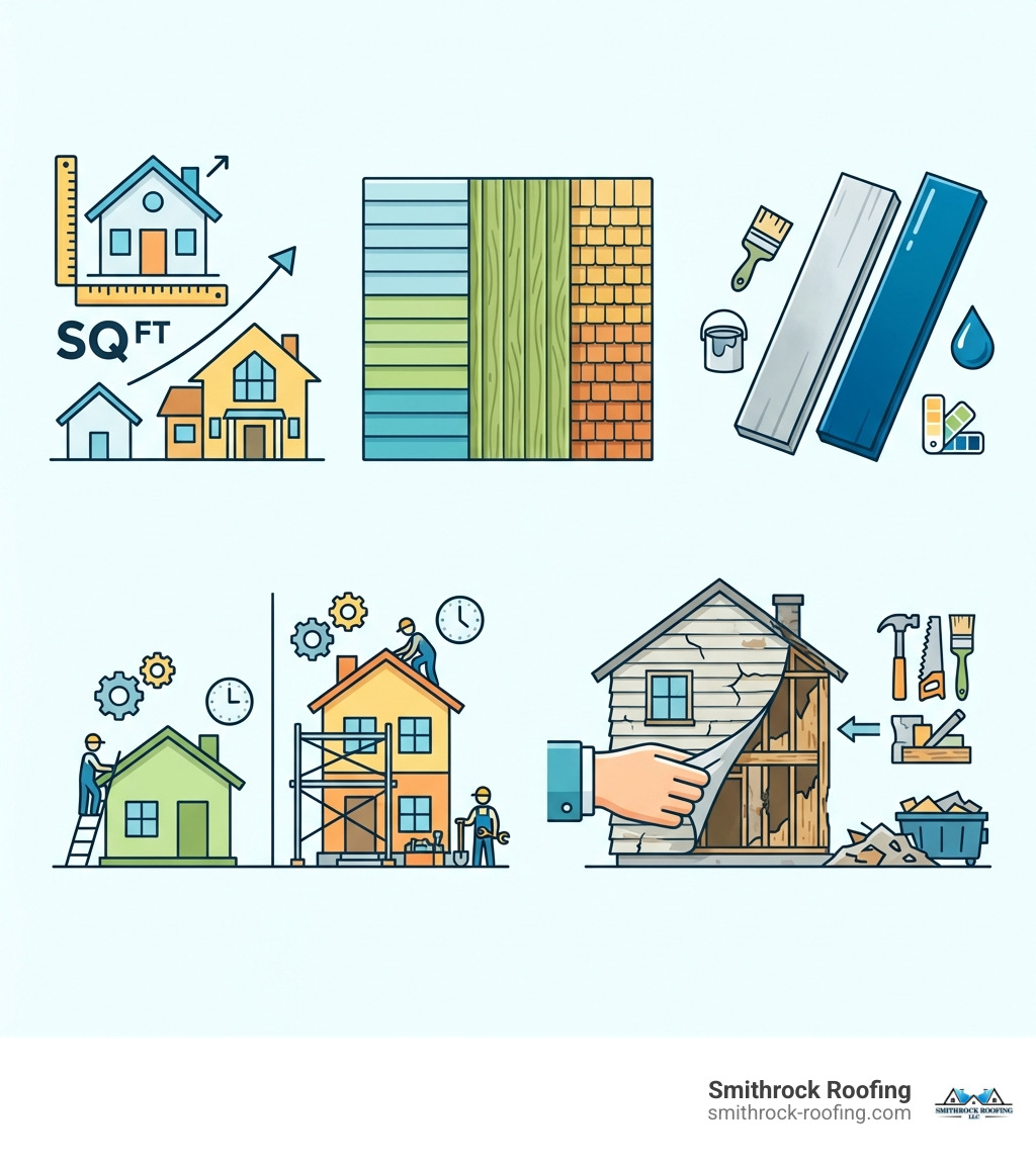 Infographic showing the top 5 factors that influence Hardie board siding cost: home size and square footage, siding style and texture chosen, pre-primed versus factory-painted ColorPlus finish, labor costs based on project complexity and number of stories, and additional expenses like old siding removal and structural repairs - Hardie board cost infographic 