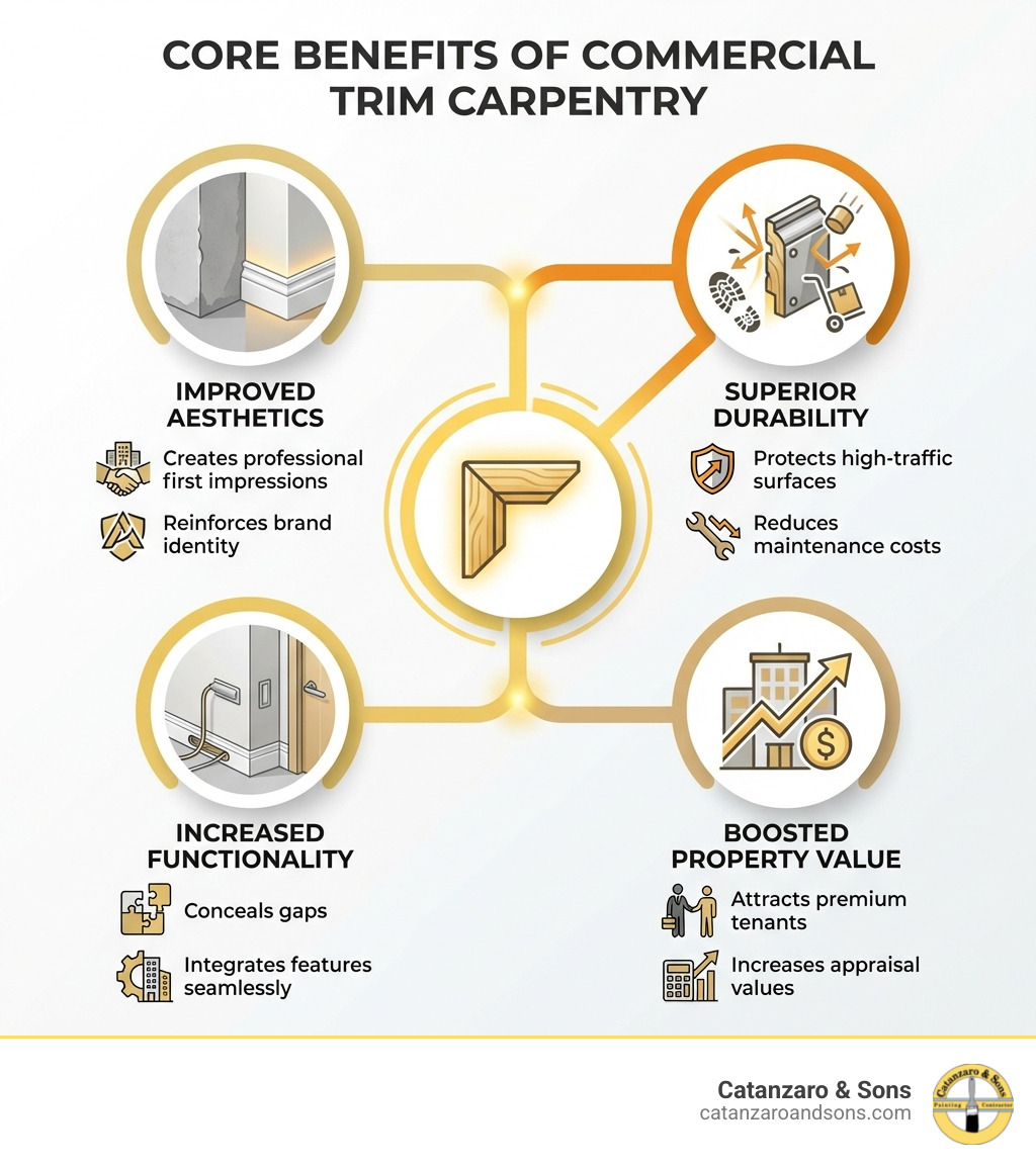 Infographic showing the core benefits of commercial trim carpentry: Improved Aesthetics creates professional first impressions and reinforces brand identity; Superior Durability protects high-traffic surfaces and reduces maintenance costs; Increased Functionality conceals gaps and integrates features seamlessly; Boosted Property Value attracts premium tenants and increases appraisal values - commercial trim carpentry infographic 