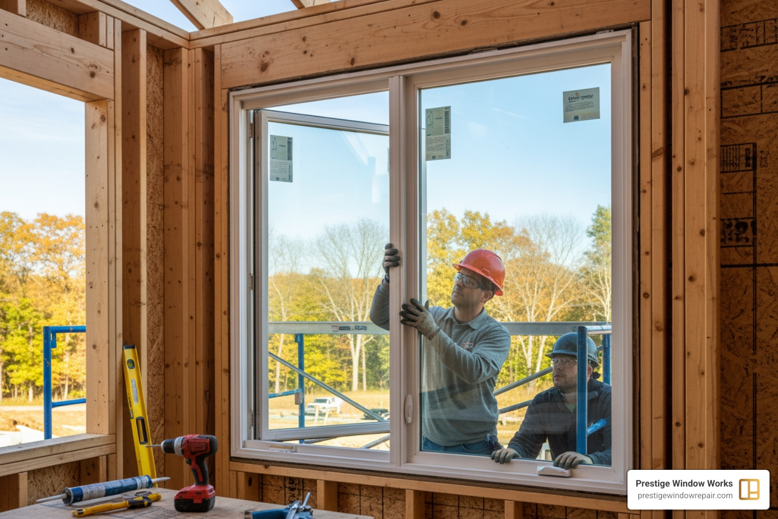 A professional installing a large window - window replacement cost norwalk ct