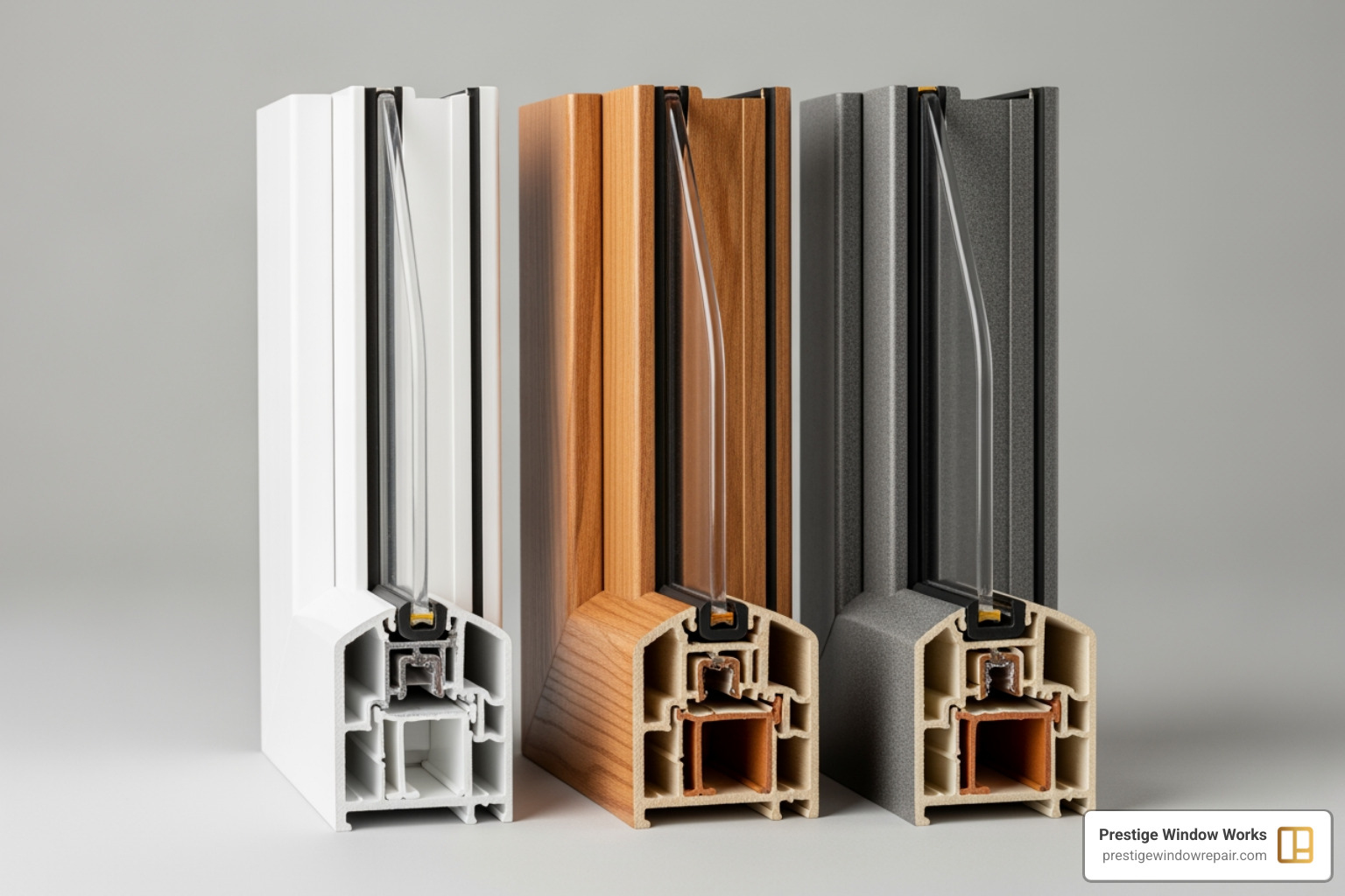 Different window frame materials like vinyl, wood, and fiberglass side-by-side - window replacement cost norwalk ct