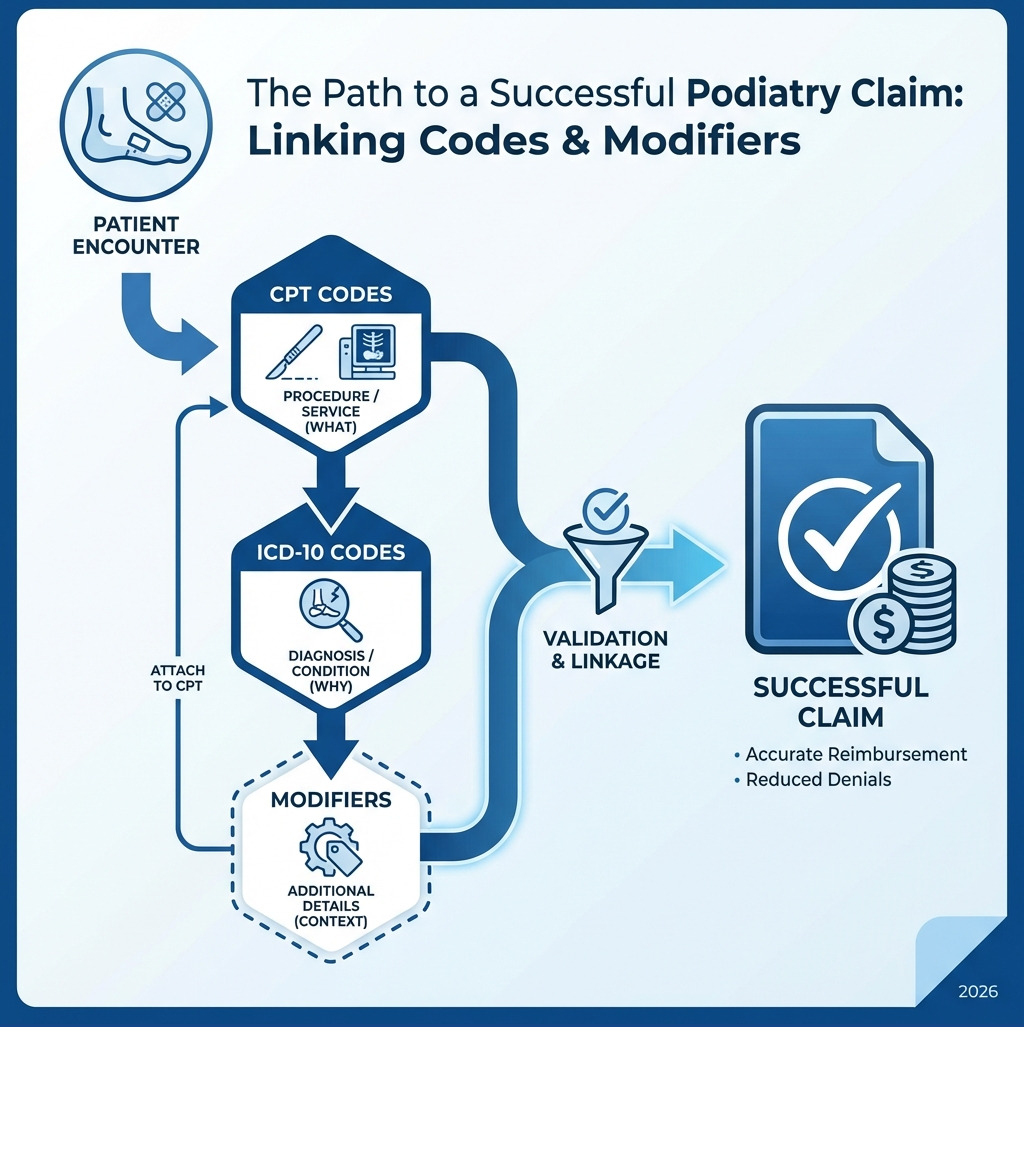 Infographic explaining the relationship between CPT codes, ICD-10 codes, and modifiers for a successful claim - medical billing codes infographic 