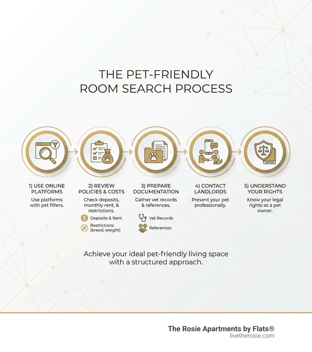infographic showing the process of finding pet-friendly rooms: 1) Use online platforms with pet filters, 2) Review pet policies and costs (deposits, monthly rent, restrictions), 3) Prepare pet documentation (vet records, references), 4) Contact landlords and present your pet professionally, 5) Understand your legal rights as a pet owner - rooms for rent pet friendly near me infographic 