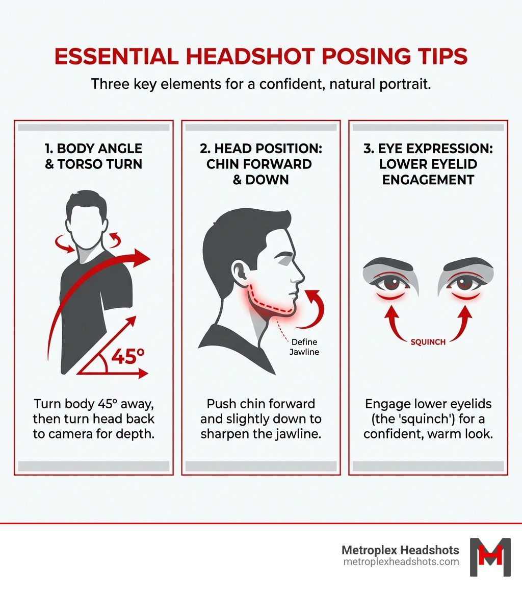 infographic showing three key posing elements: body angle at 45 degrees with arrow showing torso turn, head position with chin forward and down technique illustrated, and eye expression with lower eyelid engagement demonstrated - how to pose for a good headshot infographic 