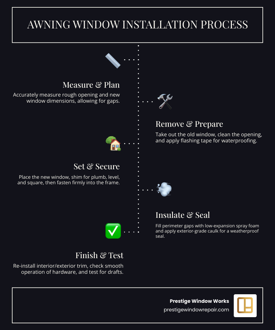 Infographic detailing the 7 key stages of awning window installation: Measure, Remove, Prepare, Set, Secure, Insulate, and Finish. - awning windows installation infographic infographic-line-5-steps-dark