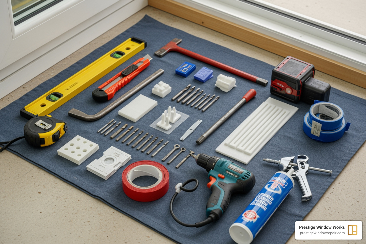 essential tools and materials neatly laid out on a drop cloth - awning windows installation