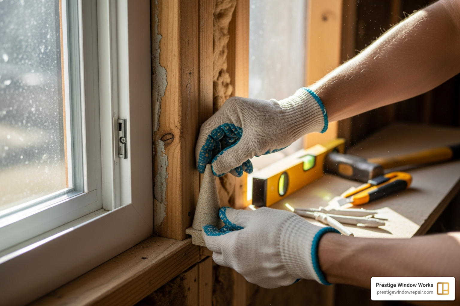 person carefully placing shims around a new window frame to level it - awning windows installation