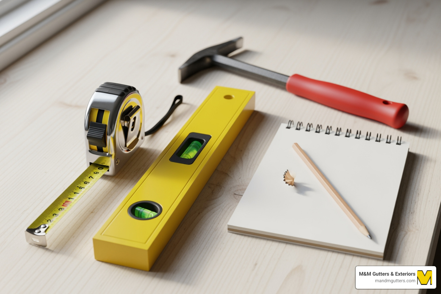 essential tools for measuring windows: steel tape measure, level, notepad, pencil, and a small pry bar - how to measure for replacement windows in a brick home