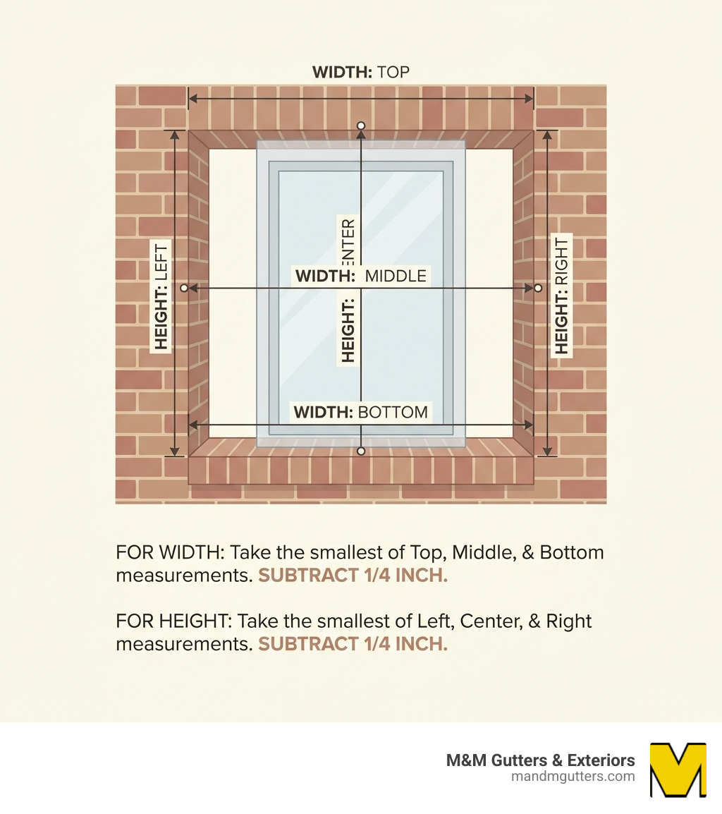 Key measurement points for replacement windows in a brick opening: width at top, middle, and bottom; height at left, center, and right. - how to measure for replacement windows in a brick home infographic 