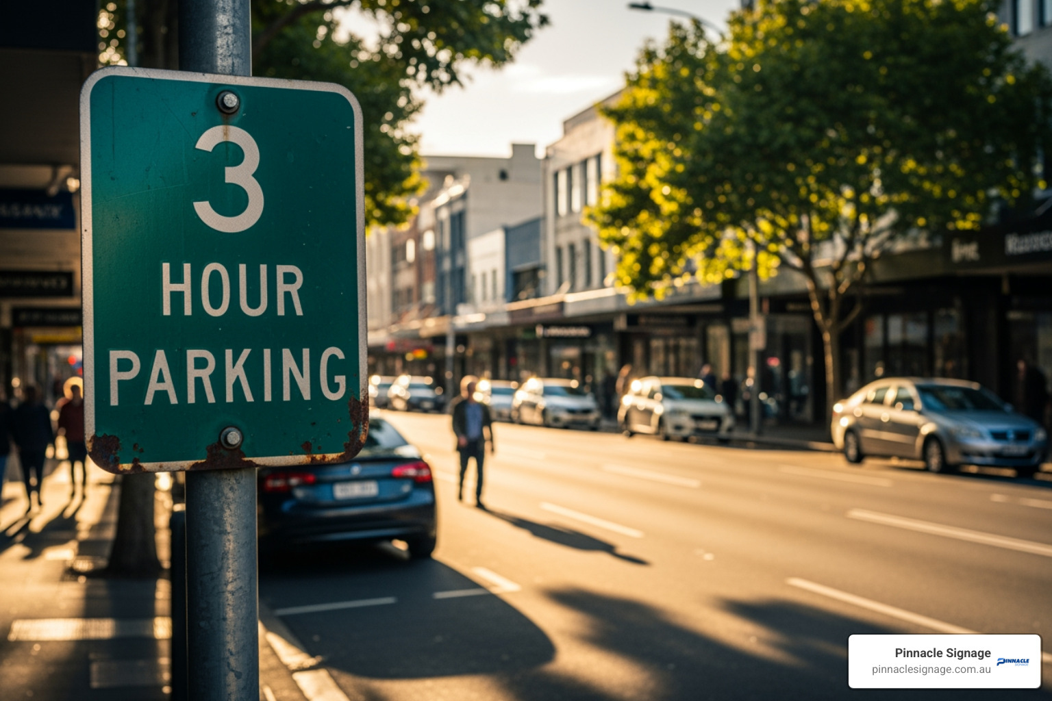 A green 3 hour parking sign with white lettering mounted on a metal pole along a busy sunlit city street.