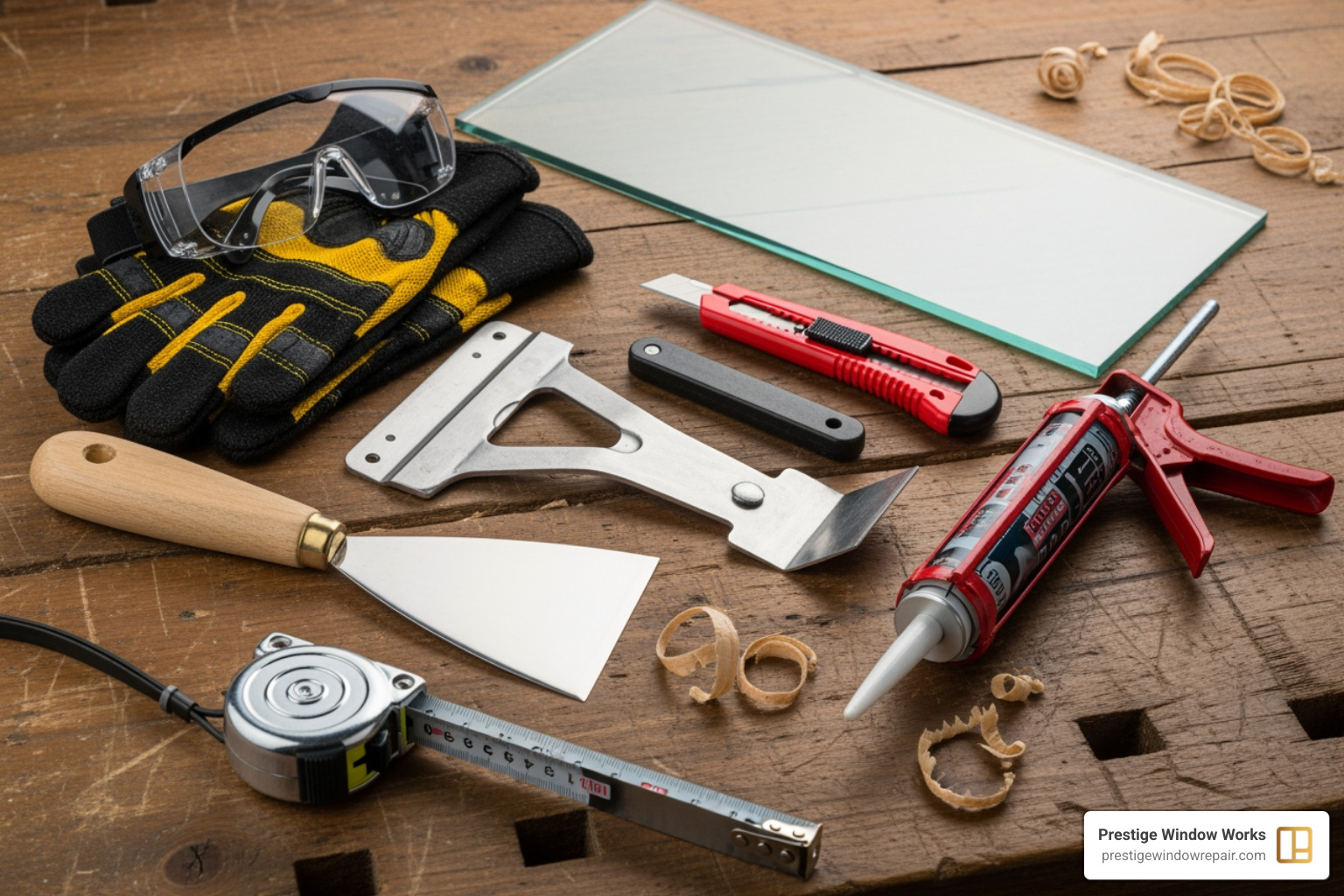 Assortment of tools for window repair: putty knife, glazing tool, utility knife, heavy-duty gloves, safety goggles, measuring tape, caulk gun, and a new glass pane - Cracked glass replacement