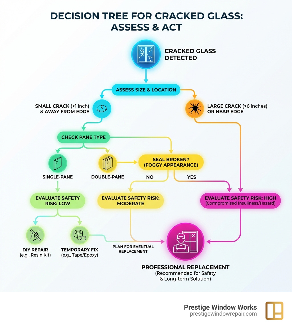 Infographic showing decision tree for cracked glass: assess crack size and location, check if single or double-pane, determine if seal is broken, evaluate safety risk, then choose between temporary fix, DIY repair for small single-pane cracks, or professional replacement for large cracks, double-pane damage, or safety hazards - Cracked glass replacement infographic 