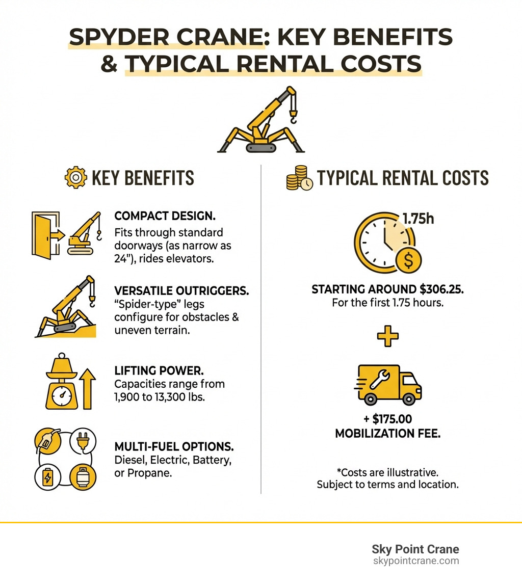 Key benefits and typical rental costs of a Spyder Crane - rent spyder crane infographic Key benefits and typical rental costs of a Spyder Crane - rent spyder crane infographic