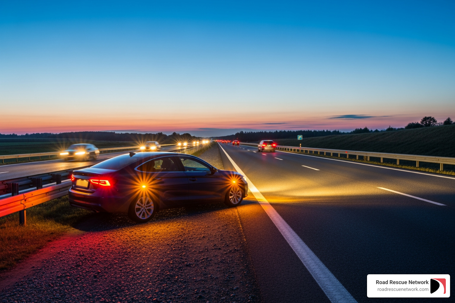 hazard lights flashing on a car at dusk - blown out flat tire on highway