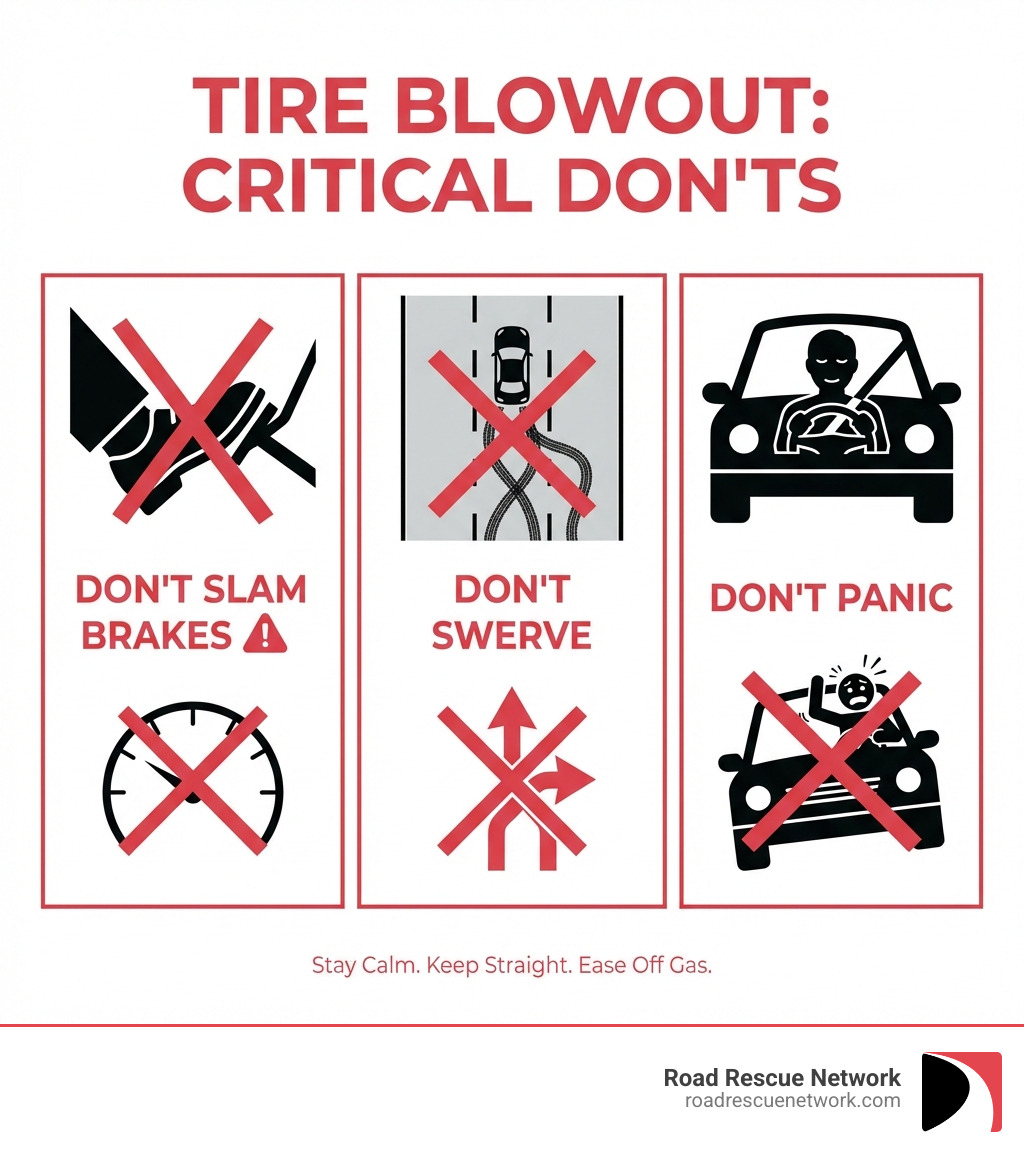 infographic showing three critical don'ts during a tire blowout: don't slam brakes with crossed out brake pedal, don't swerve showing zigzag tire marks crossed out, and don't panic showing calm driver silhouette - blown out flat tire on highway infographic 