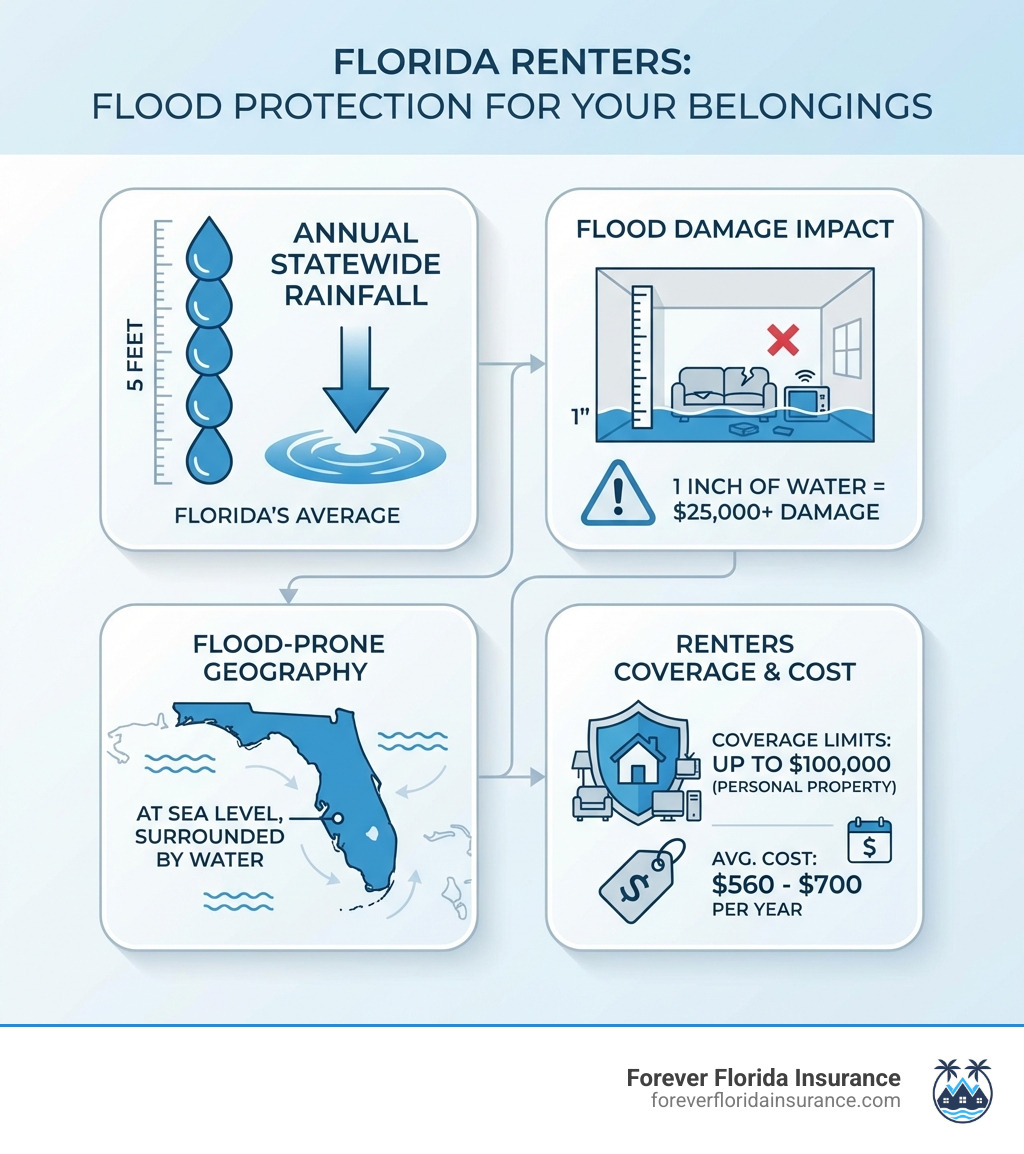 Infographic showing Florida's annual rainfall of 5 feet statewide, flood damage statistics showing 1 inch of water causes over $25,000 in damage, map highlighting Florida's flood-prone geography at sea level surrounded by water, and breakdown of coverage limits up to $100,000 for renters' personal property with average cost of $560-$700 per year - flood insurance for renters florida infographic Infographic showing Florida's annual rainfall of 5 feet statewide, flood damage statistics showing 1 inch of water causes over $25,000 in damage, map highlighting Florida's flood-prone geography at sea level surrounded by water, and breakdown of coverage limits up to $100,000 for renters' personal property with average cost of $560-$700 per year - flood insurance for renters florida infographic