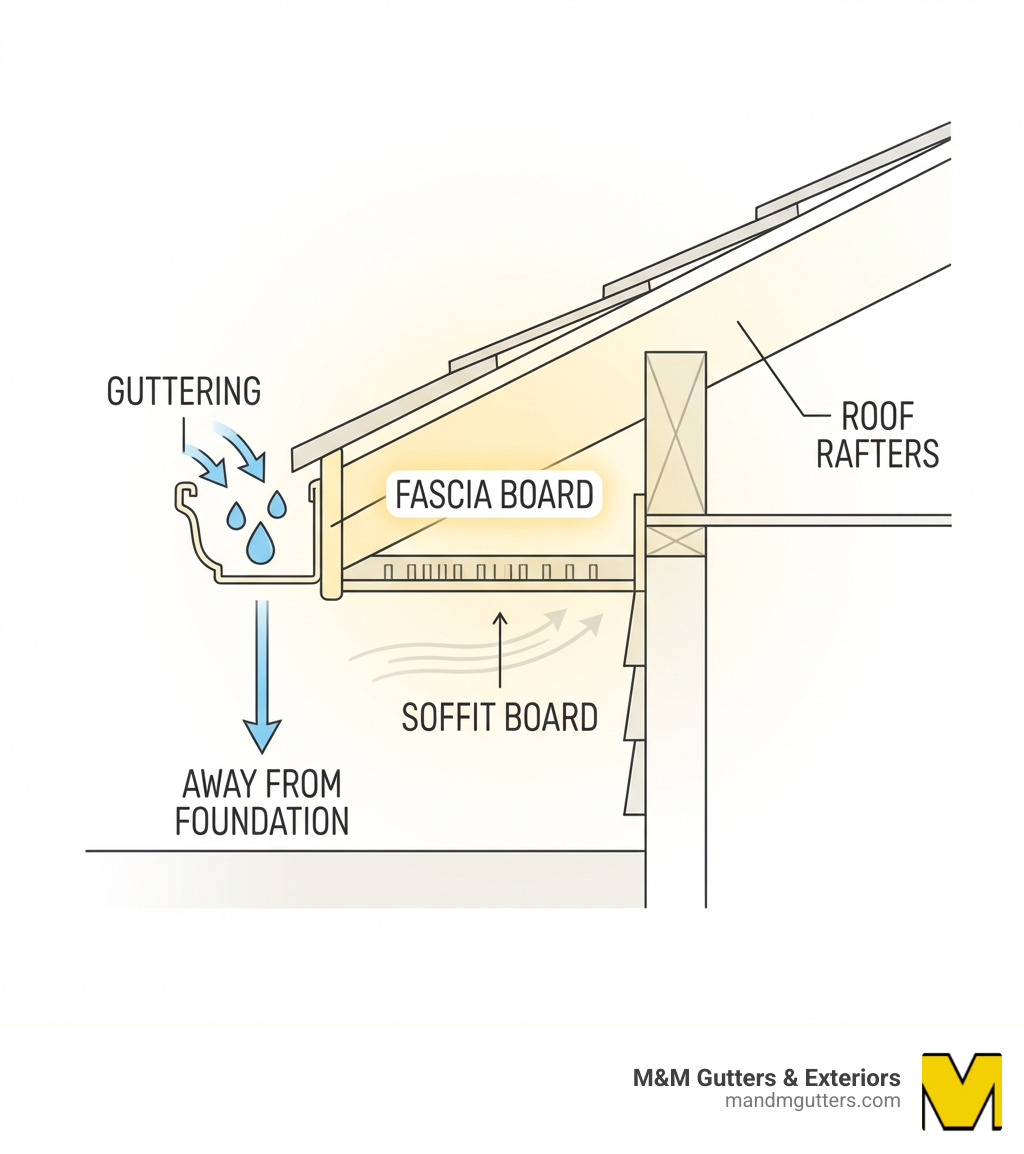 infographic showing the anatomy of a home's roofline system with labeled fascia board at the roof edge supporting gutters, soffit board underneath providing ventilation, roof rafters behind the fascia, and guttering attached to the fascia directing water away from the foundation - fascia boards upvc infographic infographic showing the anatomy of a home's roofline system with labeled fascia board at the roof edge supporting gutters, soffit board underneath providing ventilation, roof rafters behind the fascia, and guttering attached to the fascia directing water away from the foundation - fascia boards upvc infographic