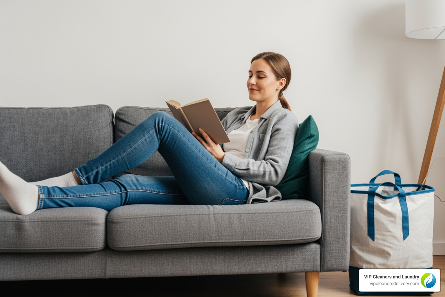 a person relaxing on a couch while their laundry is being done professionally - apartment laundry service
