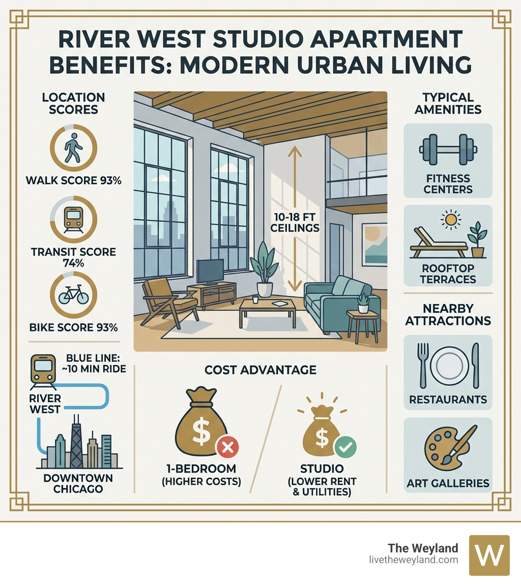 infographic showing River West studio apartment benefits including Walk Score 93%, Transit Score 74%, Bike Score 93%, proximity to downtown Chicago via Blue Line, average ceiling heights of 10-18 feet, typical amenities like fitness centers and rooftop terraces, nearby attractions including restaurants and art galleries, and cost advantages compared to one-bedroom apartments - river west studio chicago infographic 